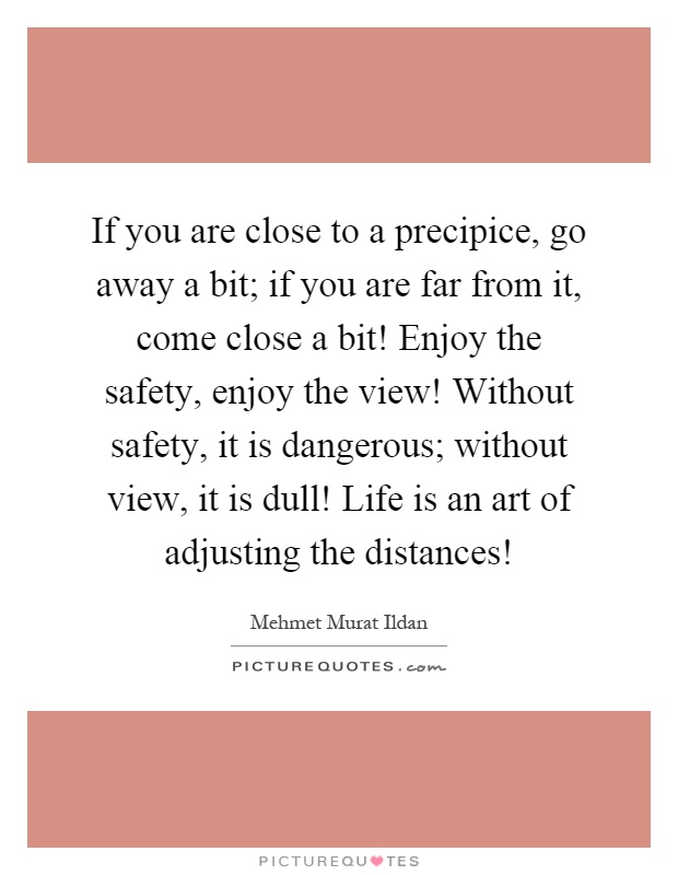 If you are close to a precipice, go away a bit; if you are far from it, come close a bit! Enjoy the safety, enjoy the view! Without safety, it is dangerous; without view, it is dull! Life is an art of adjusting the distances! Picture Quote #1