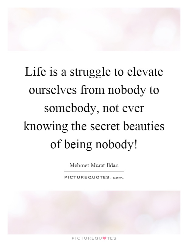Life is a struggle to elevate ourselves from nobody to somebody, not ever knowing the secret beauties of being nobody! Picture Quote #1