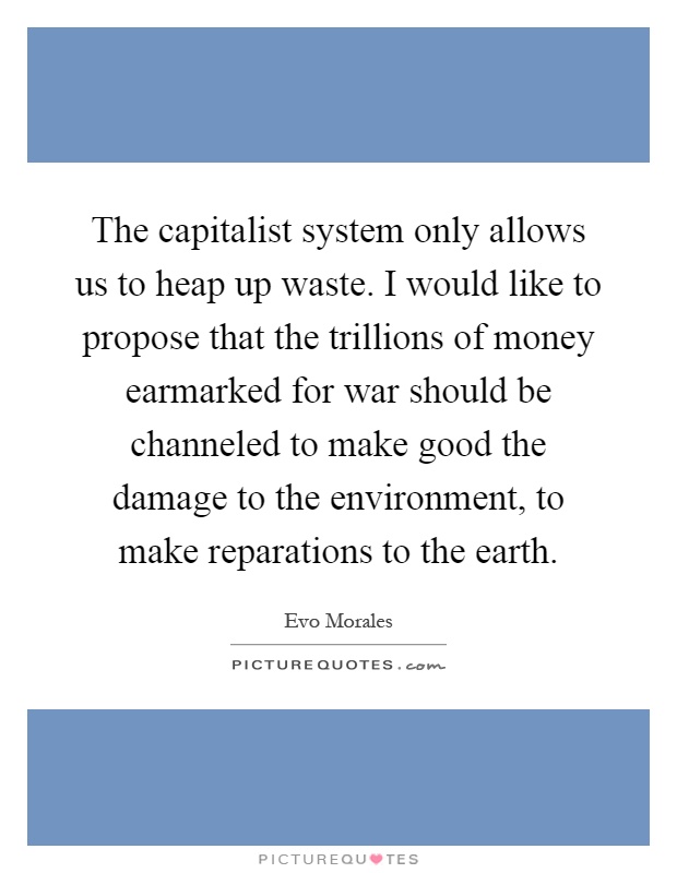 The capitalist system only allows us to heap up waste. I would like to propose that the trillions of money earmarked for war should be channeled to make good the damage to the environment, to make reparations to the earth Picture Quote #1