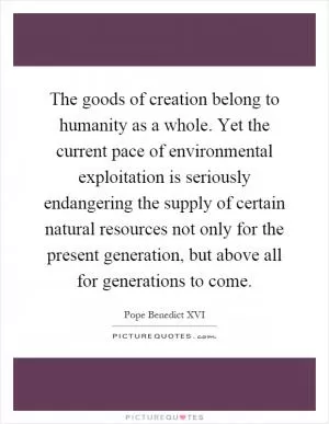 The goods of creation belong to humanity as a whole. Yet the current pace of environmental exploitation is seriously endangering the supply of certain natural resources not only for the present generation, but above all for generations to come Picture Quote #1
