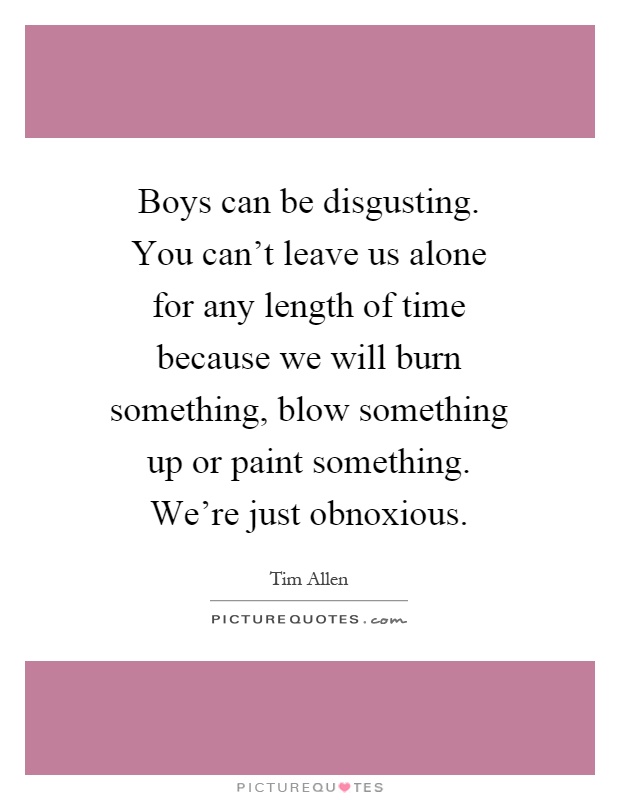 Boys can be disgusting. You can't leave us alone for any length of time because we will burn something, blow something up or paint something. We're just obnoxious Picture Quote #1