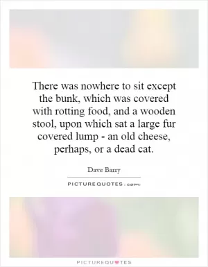 There was nowhere to sit except the bunk, which was covered with rotting food, and a wooden stool, upon which sat a large fur covered lump - an old cheese, perhaps, or a dead cat Picture Quote #1
