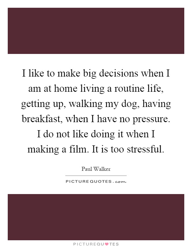 I like to make big decisions when I am at home living a routine life, getting up, walking my dog, having breakfast, when I have no pressure. I do not like doing it when I making a film. It is too stressful Picture Quote #1
