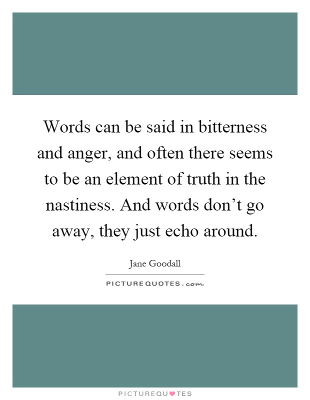 Words can be said in bitterness and anger, and often there seems to be an element of truth in the nastiness. And words don't go away, they just echo around Picture Quote #1