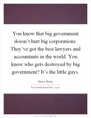 You know that big government doesn’t hurt big corporations. They’ve got the best lawyers and accountants in the world. You know who gets destroyed by big government? It’s the little guys Picture Quote #1
