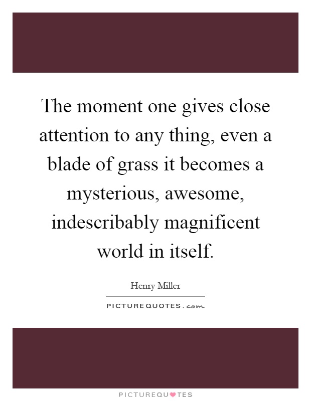 The moment one gives close attention to any thing, even a blade of grass it becomes a mysterious, awesome, indescribably magnificent world in itself Picture Quote #1