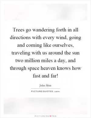 Trees go wandering forth in all directions with every wind, going and coming like ourselves, traveling with us around the sun two million miles a day, and through space heaven knows how fast and far! Picture Quote #1