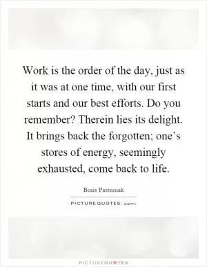 Work is the order of the day, just as it was at one time, with our first starts and our best efforts. Do you remember? Therein lies its delight. It brings back the forgotten; one’s stores of energy, seemingly exhausted, come back to life Picture Quote #1