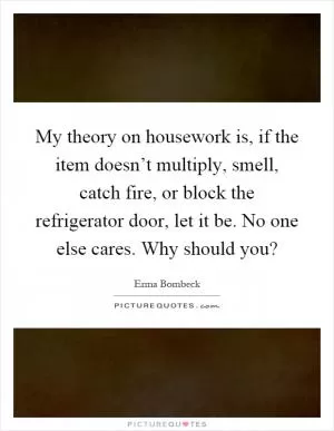 My theory on housework is, if the item doesn’t multiply, smell, catch fire, or block the refrigerator door, let it be. No one else cares. Why should you? Picture Quote #1