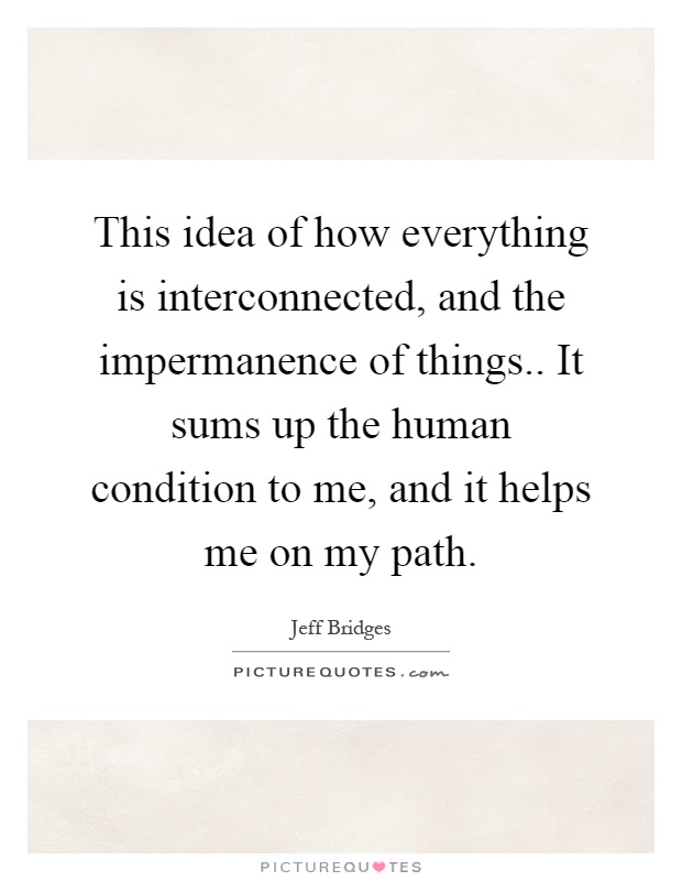 This idea of how everything is interconnected, and the impermanence of things.. It sums up the human condition to me, and it helps me on my path Picture Quote #1
