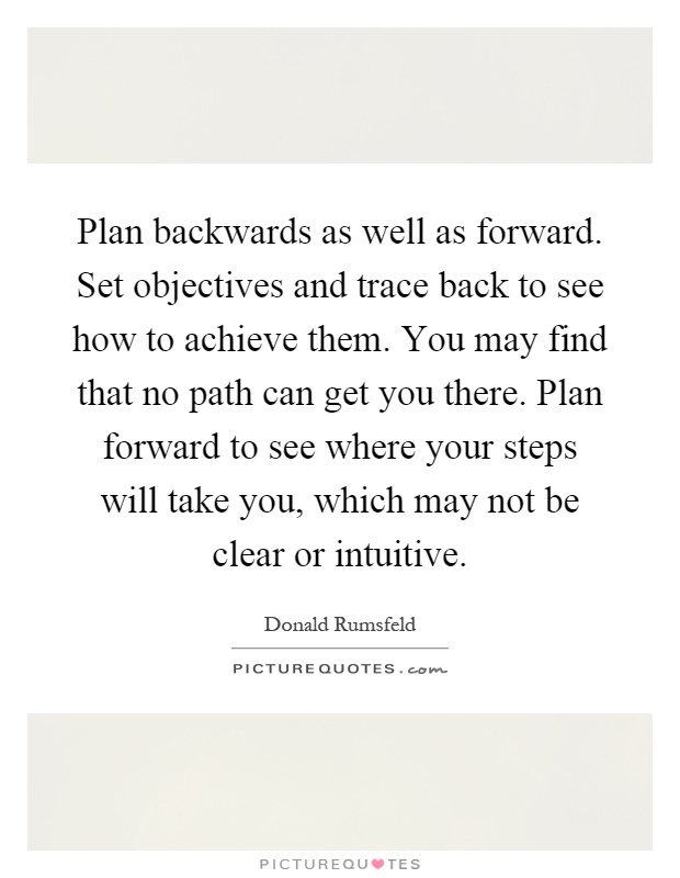 Plan backwards as well as forward. Set objectives and trace back to see how to achieve them. You may find that no path can get you there. Plan forward to see where your steps will take you, which may not be clear or intuitive Picture Quote #1