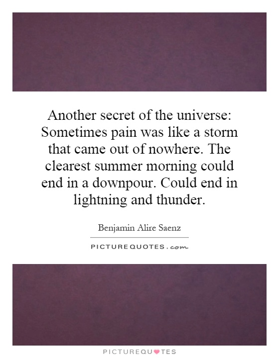 Another secret of the universe: Sometimes pain was like a storm that came out of nowhere. The clearest summer morning could end in a downpour. Could end in lightning and thunder Picture Quote #1