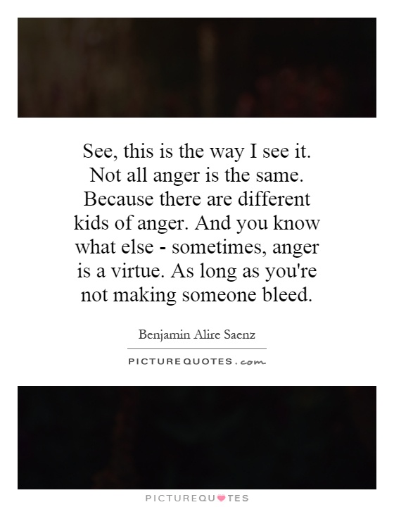 See, this is the way I see it. Not all anger is the same. Because there are different kids of anger. And you know what else - sometimes, anger is a virtue. As long as you're not making someone bleed Picture Quote #1