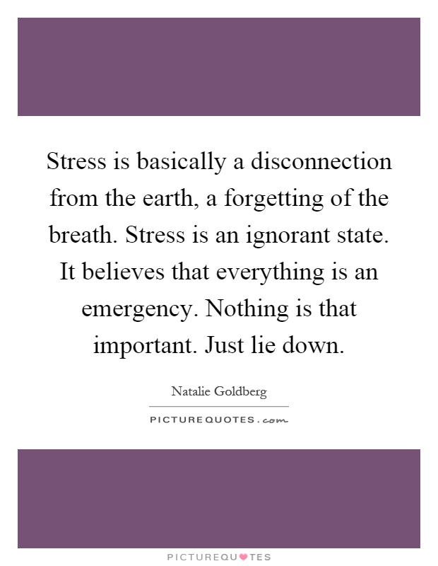 Stress is basically a disconnection from the earth, a forgetting of the breath. Stress is an ignorant state. It believes that everything is an emergency. Nothing is that important. Just lie down Picture Quote #1