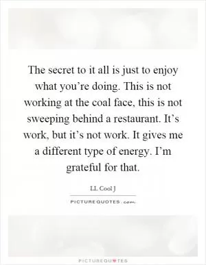 The secret to it all is just to enjoy what you’re doing. This is not working at the coal face, this is not sweeping behind a restaurant. It’s work, but it’s not work. It gives me a different type of energy. I’m grateful for that Picture Quote #1