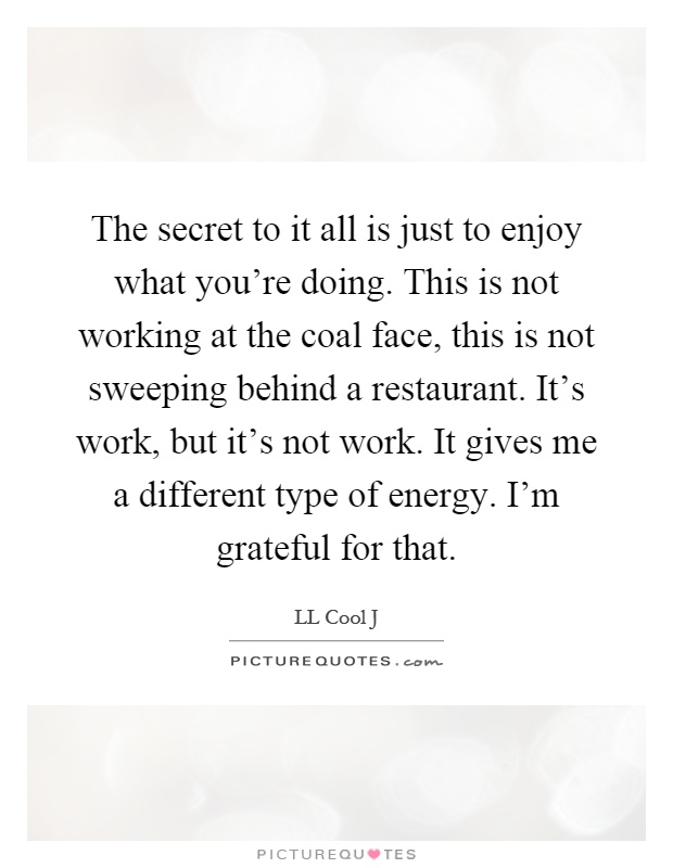 The secret to it all is just to enjoy what you're doing. This is not working at the coal face, this is not sweeping behind a restaurant. It's work, but it's not work. It gives me a different type of energy. I'm grateful for that Picture Quote #1