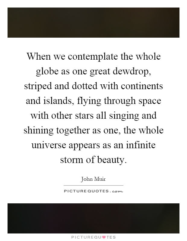When we contemplate the whole globe as one great dewdrop, striped and dotted with continents and islands, flying through space with other stars all singing and shining together as one, the whole universe appears as an infinite storm of beauty Picture Quote #1