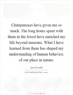Chimpanzees have given me so much. The long hours spent with them in the forest have enriched my life beyond measure. What I have learned from them has shaped my understanding of human behavior, of our place in nature Picture Quote #1