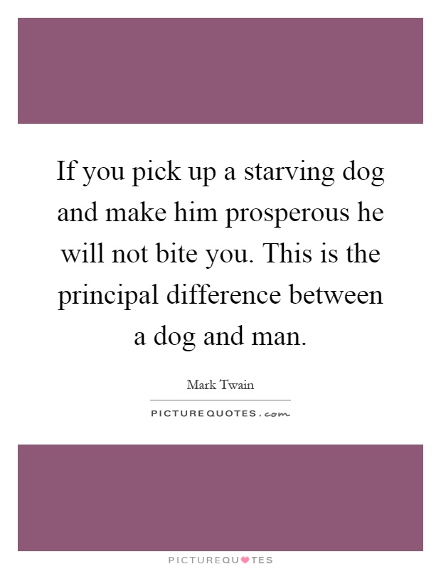 If you pick up a starving dog and make him prosperous he will not bite you. This is the principal difference between a dog and man Picture Quote #1