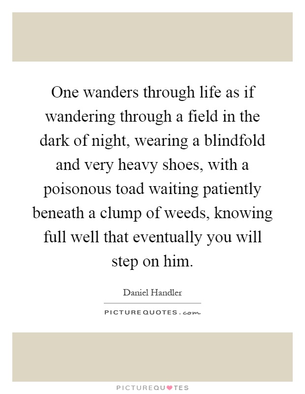 One wanders through life as if wandering through a field in the dark of night, wearing a blindfold and very heavy shoes, with a poisonous toad waiting patiently beneath a clump of weeds, knowing full well that eventually you will step on him Picture Quote #1