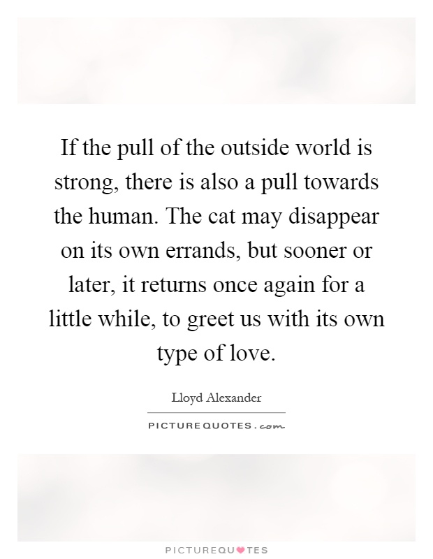 If the pull of the outside world is strong, there is also a pull towards the human. The cat may disappear on its own errands, but sooner or later, it returns once again for a little while, to greet us with its own type of love Picture Quote #1