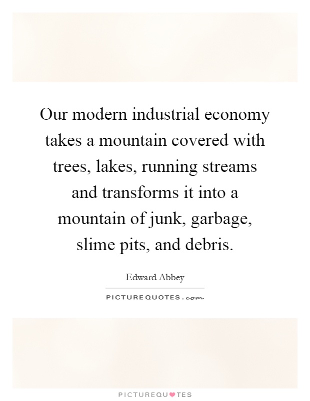 Our modern industrial economy takes a mountain covered with trees, lakes, running streams and transforms it into a mountain of junk, garbage, slime pits, and debris Picture Quote #1