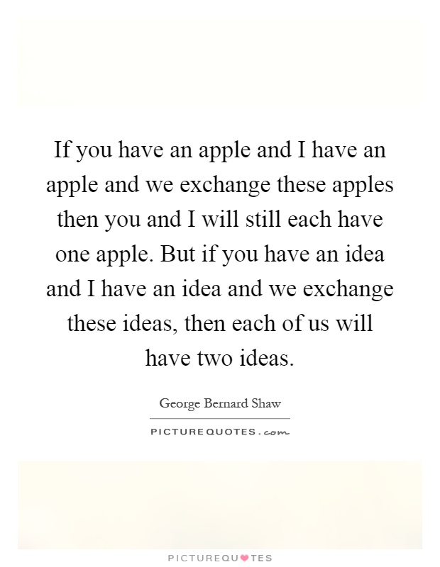 If you have an apple and I have an apple and we exchange these apples then you and I will still each have one apple. But if you have an idea and I have an idea and we exchange these ideas, then each of us will have two ideas Picture Quote #1
