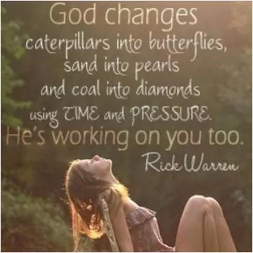 God changes caterpillars into butterflies, sand into pearls and coal into diamonds using time and pressure. He's working on you too Picture Quote #1