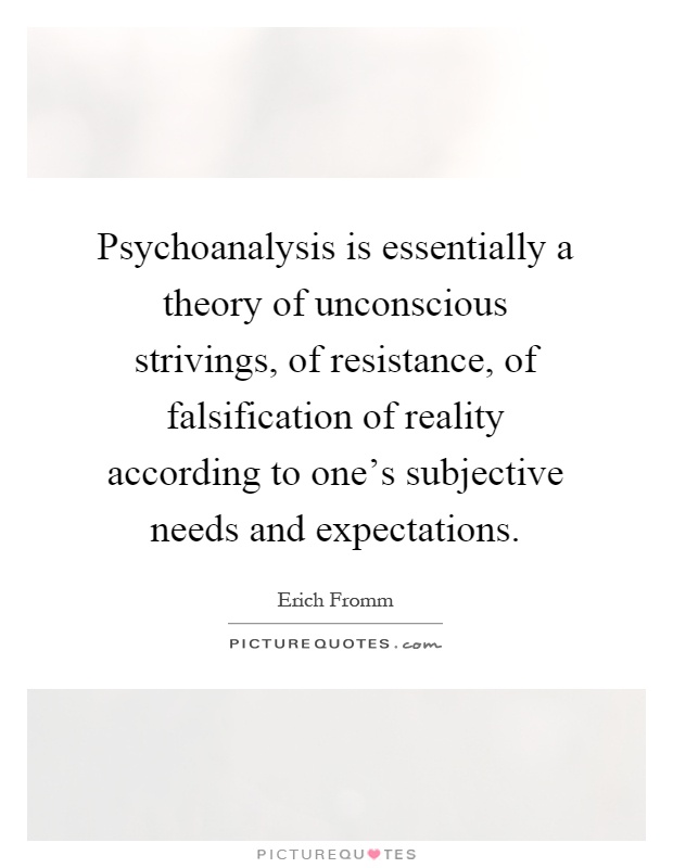 Psychoanalysis is essentially a theory of unconscious strivings, of resistance, of falsification of reality according to one's subjective needs and expectations Picture Quote #1