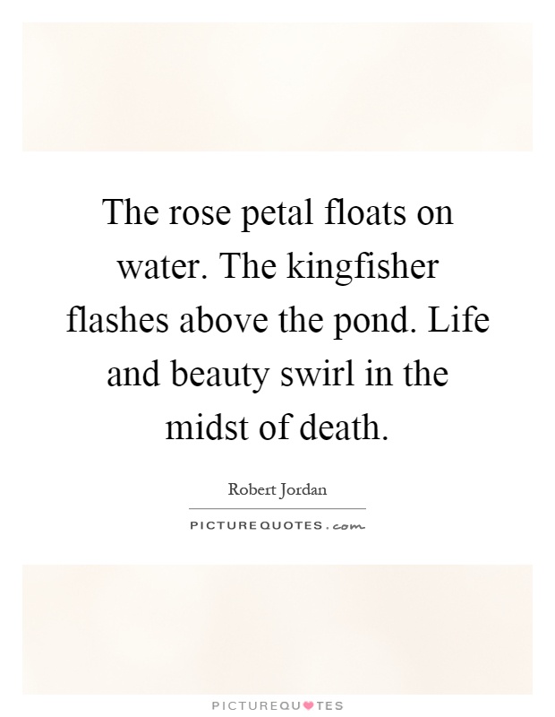 The rose petal floats on water. The kingfisher flashes above the pond. Life and beauty swirl in the midst of death Picture Quote #1
