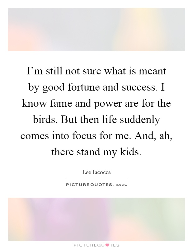I'm still not sure what is meant by good fortune and success. I know fame and power are for the birds. But then life suddenly comes into focus for me. And, ah, there stand my kids Picture Quote #1