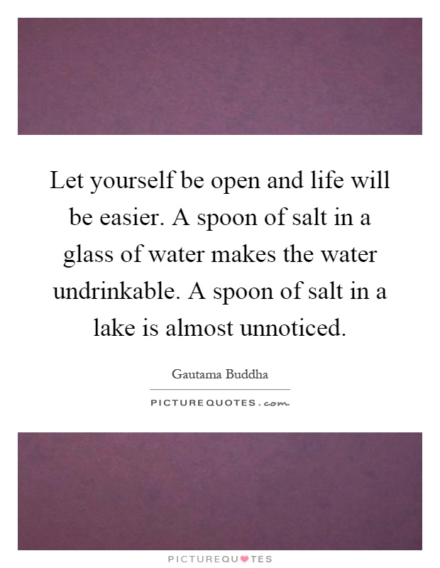 Let yourself be open and life will be easier. A spoon of salt in a glass of water makes the water undrinkable. A spoon of salt in a lake is almost unnoticed Picture Quote #1
