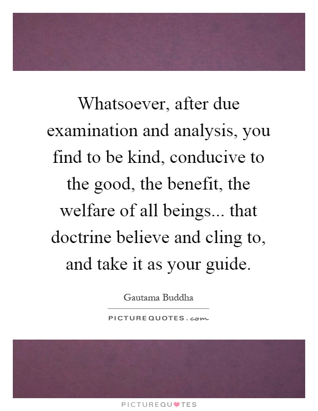 Whatsoever, after due examination and analysis, you find to be kind, conducive to the good, the benefit, the welfare of all beings... that doctrine believe and cling to, and take it as your guide Picture Quote #1