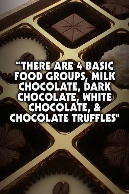 There are four basic food groups: milk chocolate, dark chocolate, white chocolate, and chocolate truffles Picture Quote #1