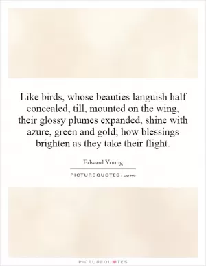 Like birds, whose beauties languish half concealed, till, mounted on the wing, their glossy plumes expanded, shine with azure, green and gold; how blessings brighten as they take their flight Picture Quote #1