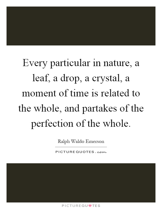 Every particular in nature, a leaf, a drop, a crystal, a moment of time is related to the whole, and partakes of the perfection of the whole Picture Quote #1