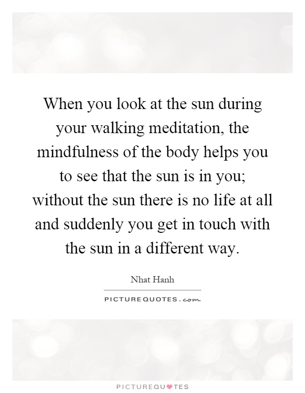 When you look at the sun during your walking meditation, the mindfulness of the body helps you to see that the sun is in you; without the sun there is no life at all and suddenly you get in touch with the sun in a different way Picture Quote #1
