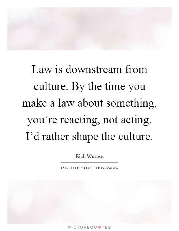 Law is downstream from culture. By the time you make a law about something, you're reacting, not acting. I'd rather shape the culture Picture Quote #1