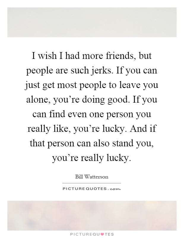 I wish I had more friends, but people are such jerks. If you can just get most people to leave you alone, you're doing good. If you can find even one person you really like, you're lucky. And if that person can also stand you, you're really lucky Picture Quote #1