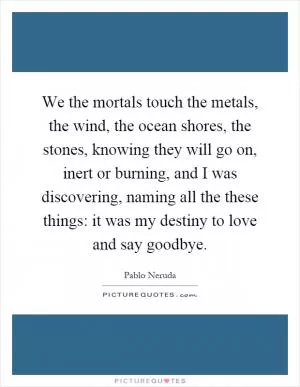 We the mortals touch the metals, the wind, the ocean shores, the stones, knowing they will go on, inert or burning, and I was discovering, naming all the these things: it was my destiny to love and say goodbye Picture Quote #1