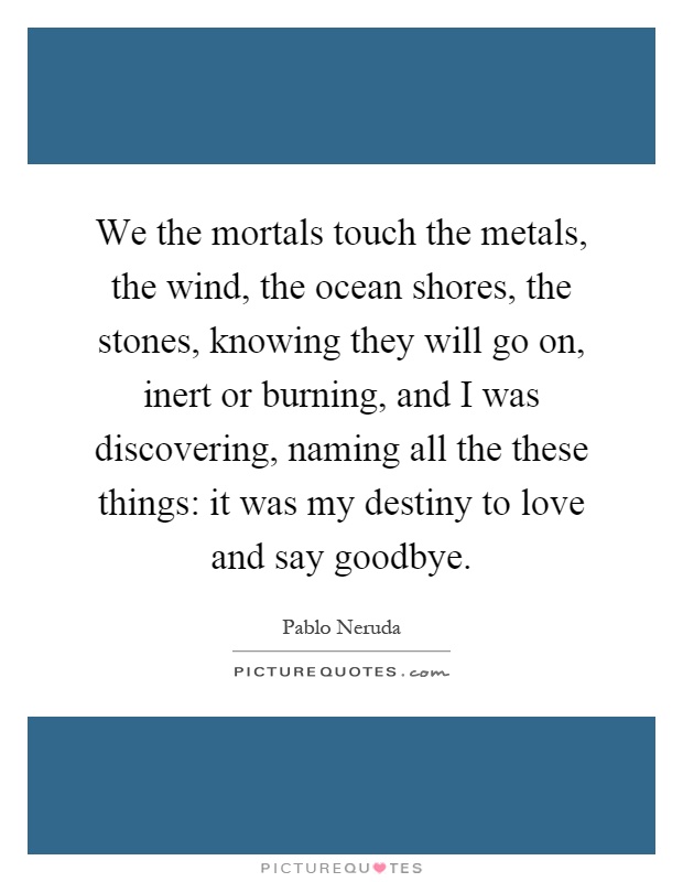 We the mortals touch the metals, the wind, the ocean shores, the stones, knowing they will go on, inert or burning, and I was discovering, naming all the these things: it was my destiny to love and say goodbye Picture Quote #1