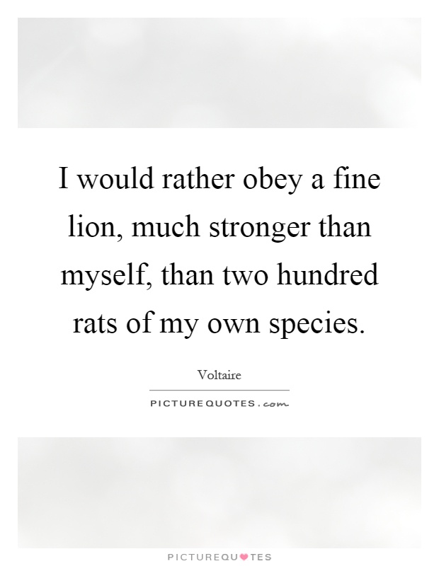 I would rather obey a fine lion, much stronger than myself, than two hundred rats of my own species Picture Quote #1