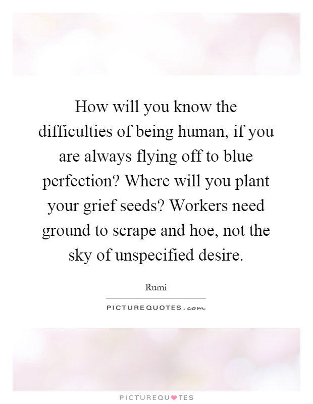 How will you know the difficulties of being human, if you are always flying off to blue perfection? Where will you plant your grief seeds? Workers need ground to scrape and hoe, not the sky of unspecified desire Picture Quote #1