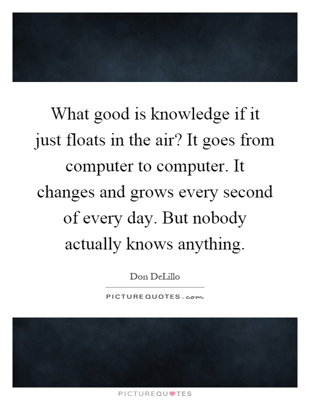 What good is knowledge if it just floats in the air? It goes from computer to computer. It changes and grows every second of every day. But nobody actually knows anything Picture Quote #1