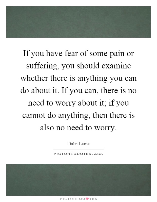 If you have fear of some pain or suffering, you should examine whether there is anything you can do about it. If you can, there is no need to worry about it; if you cannot do anything, then there is also no need to worry Picture Quote #1