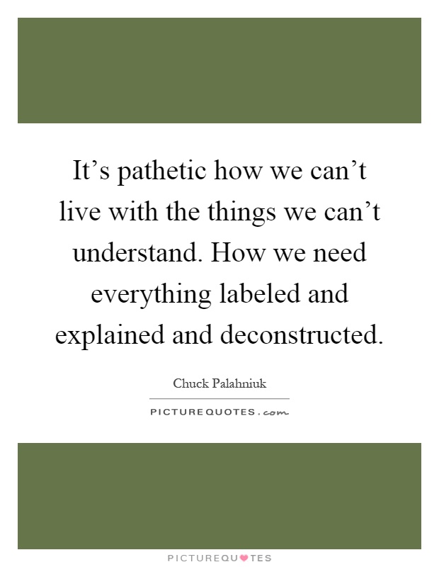 It's pathetic how we can't live with the things we can't understand. How we need everything labeled and explained and deconstructed Picture Quote #1