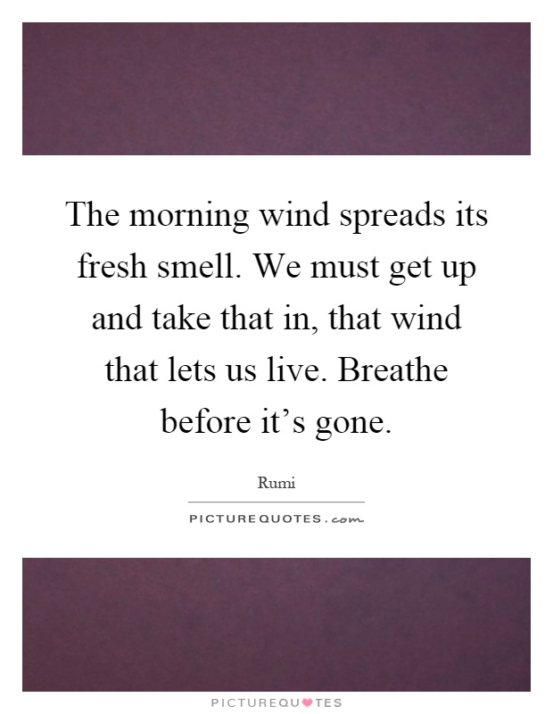 The morning wind spreads its fresh smell. We must get up and take that in, that wind that lets us live. Breathe before it's gone Picture Quote #1
