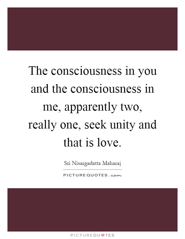 The consciousness in you and the consciousness in me, apparently two, really one, seek unity and that is love Picture Quote #1