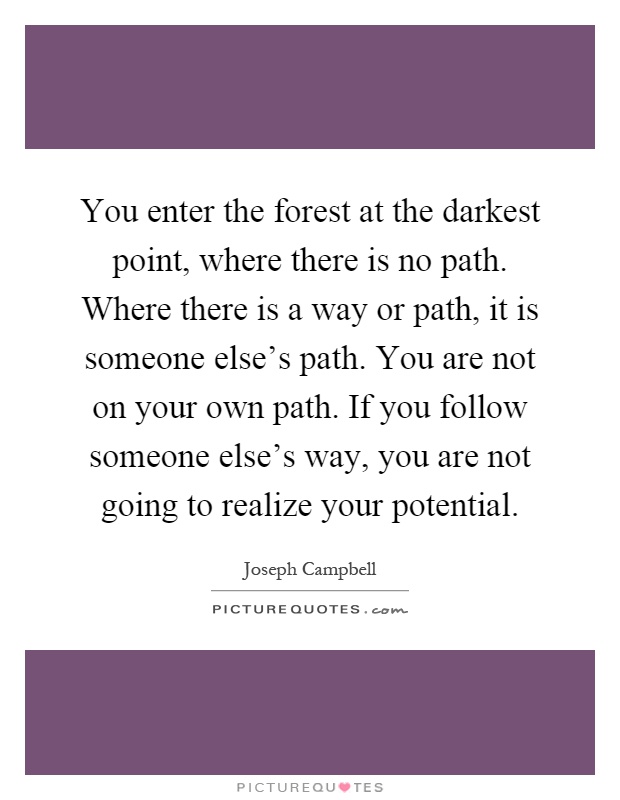 You enter the forest at the darkest point, where there is no path. Where there is a way or path, it is someone else's path. You are not on your own path. If you follow someone else's way, you are not going to realize your potential Picture Quote #1