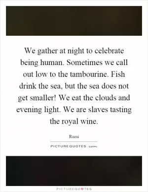 We gather at night to celebrate being human. Sometimes we call out low to the tambourine. Fish drink the sea, but the sea does not get smaller! We eat the clouds and evening light. We are slaves tasting the royal wine Picture Quote #1